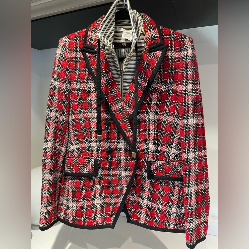 $698 Veronica Beard Harriet Cutaway Dickey Jacket Blazer luxe redblack tweed sz6